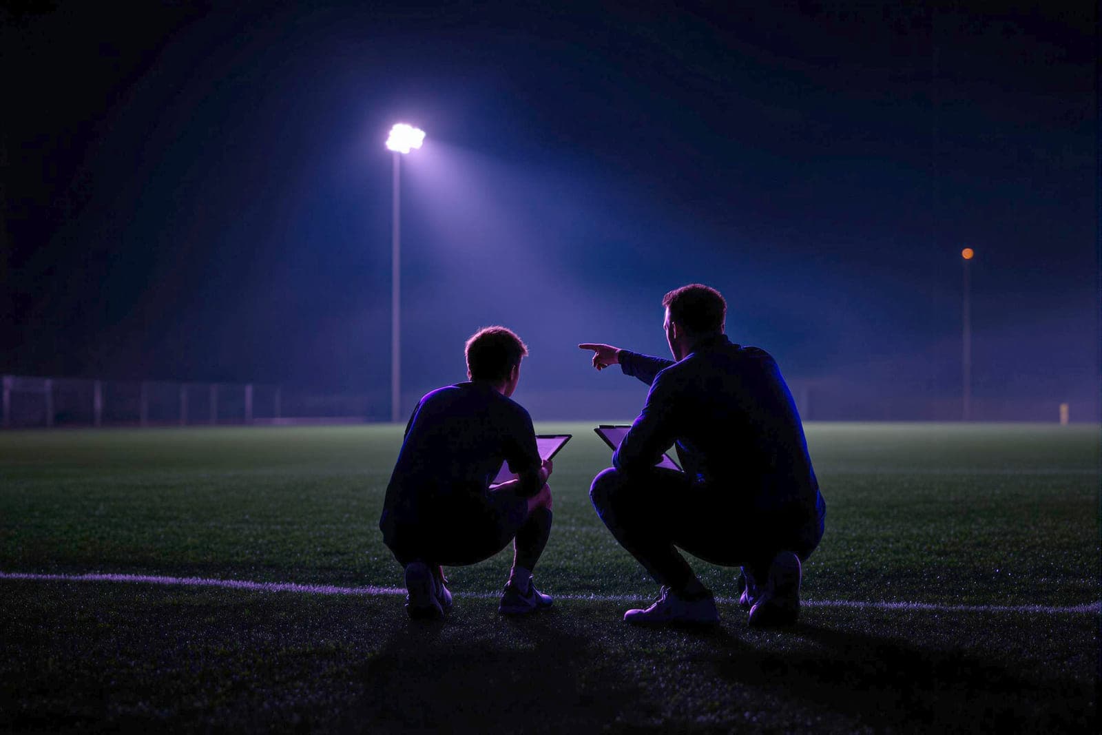 A coach crouched beside a young player at the edge of a dark pitch.