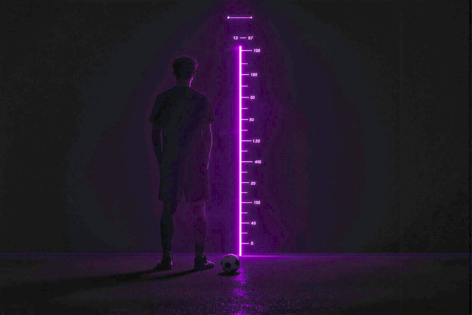 A young player standing beside a lit measuring scale on a dark pitch.