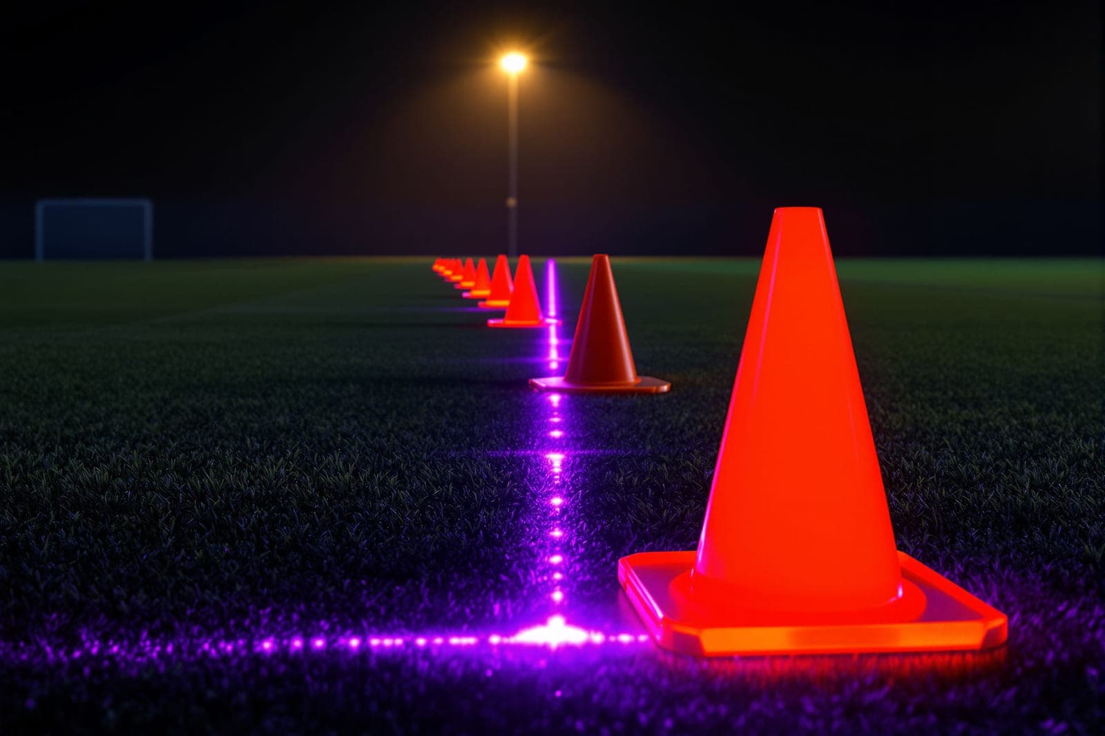 Training equipment laid out on a dark pitch, measured lines drawn between the markers.