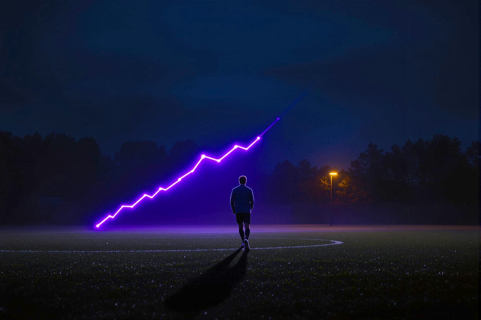 A player training alone before dawn, a rising line of light behind them.