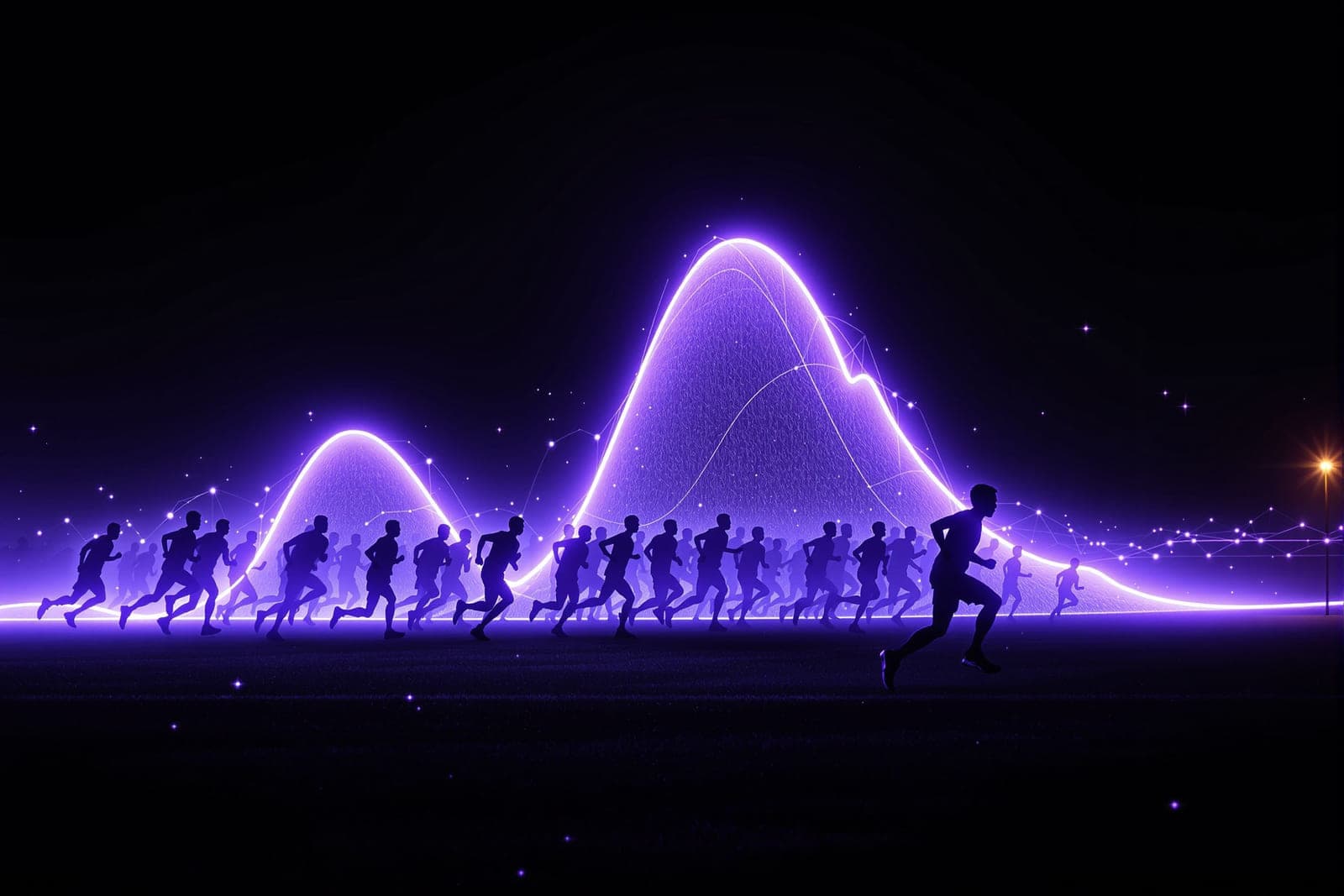 Many faint runners layered into a curve, one picked out in light.